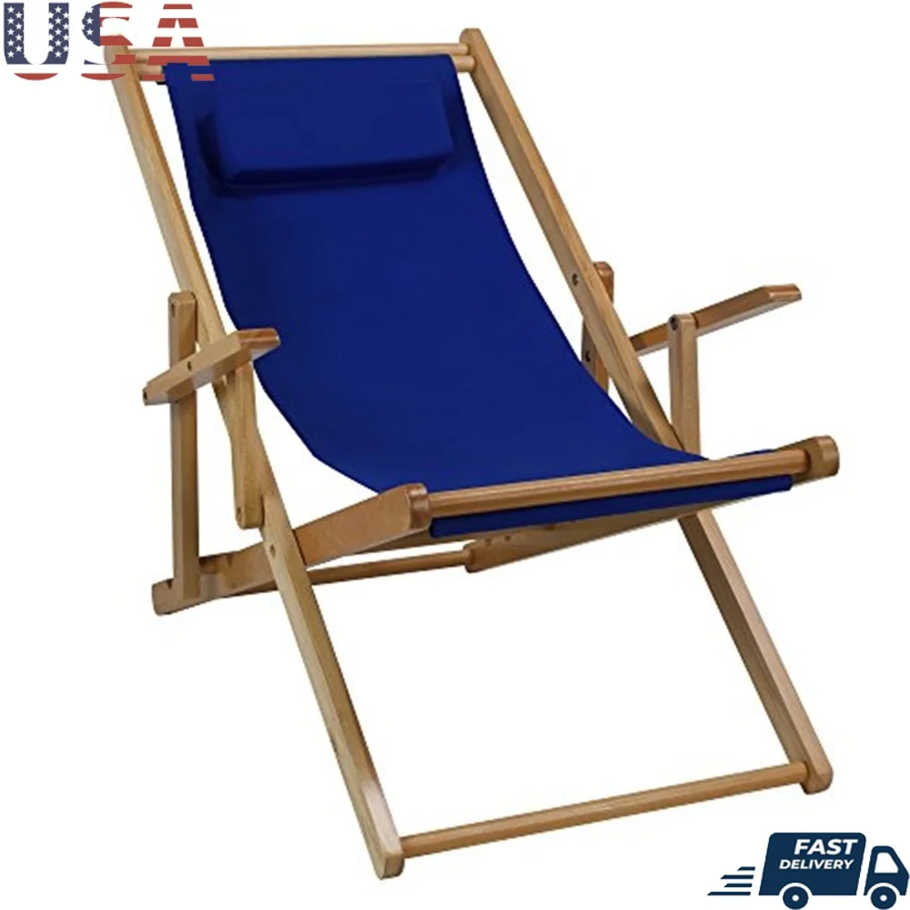 

Sling Chair Wooden Frame Foldable Recliner Heavy Duty Canvas Padded Headrest Multi-Position Relaxation Outdoor Indoor Furniture
