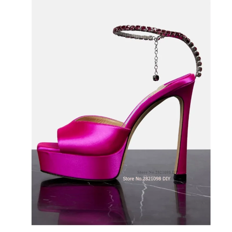 

Fuchsia Crystal Honey Thick Platform High Heel Sandals Women Gemstone Decor Chunky Heeled Woman Summer Leather Shoes