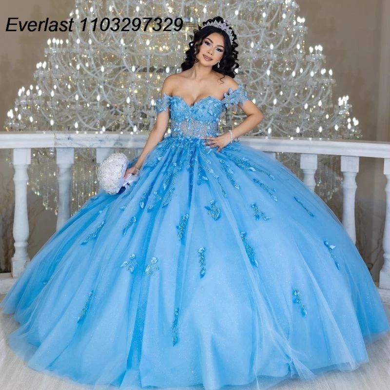 

EVLAST Customized Blue Quinceanera Dress Ball Gown Floral Lace Applique Beading Crystal Sweet 15 Vestido De 15 Anos TQD587