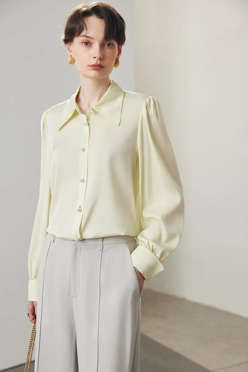 95% Silk 5% Spandex Women's Shirt Turn Down Collar Long Sleeves Elegant Fashion Blouse Tops
