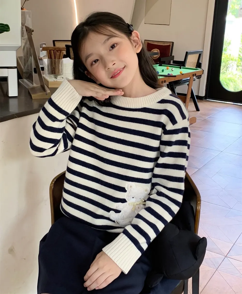 

winter boys' and girls' sweaters kids clothes girls Cartoon bear pattern striped pattern knitted sweater pullover clothes
