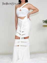 TWOTWINSTYLE Solid Hollow Out Slimming Sexy Dresses For Women Strapless One Shoulder Sleeve High Waist Bodycon Dress Female 2023