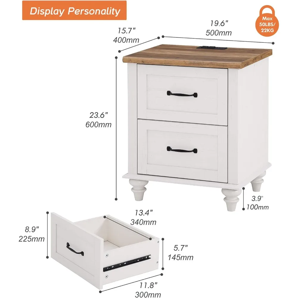 Set of 2 Night Stands with 2 Drawers, Mid-Century Modern Nightstands with Charging Station, Off White Bedside Table