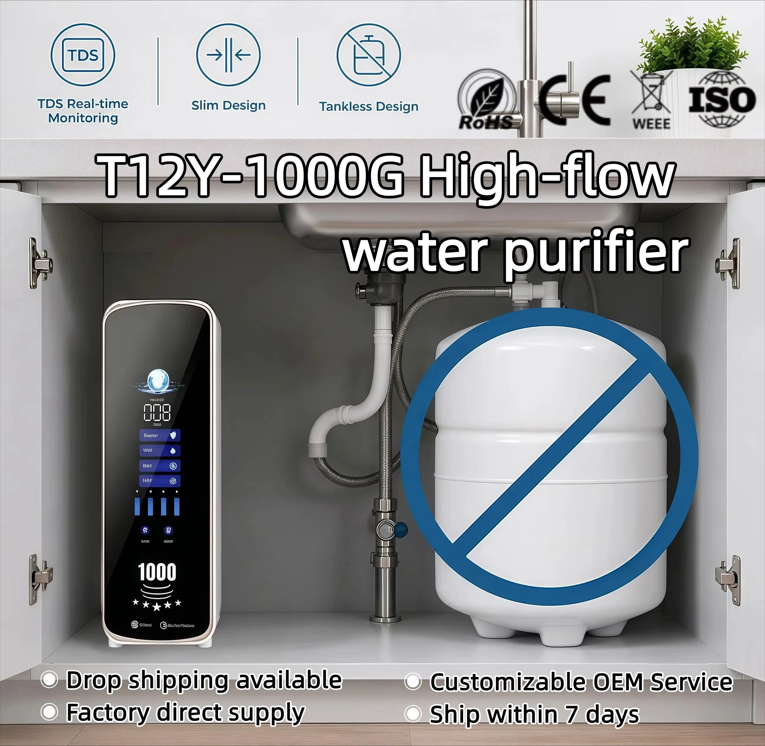 RO reverse osmosis water purifier GPD 5 stage filtration,automatic cleaning,filter life TDS display,suitable for family hotels