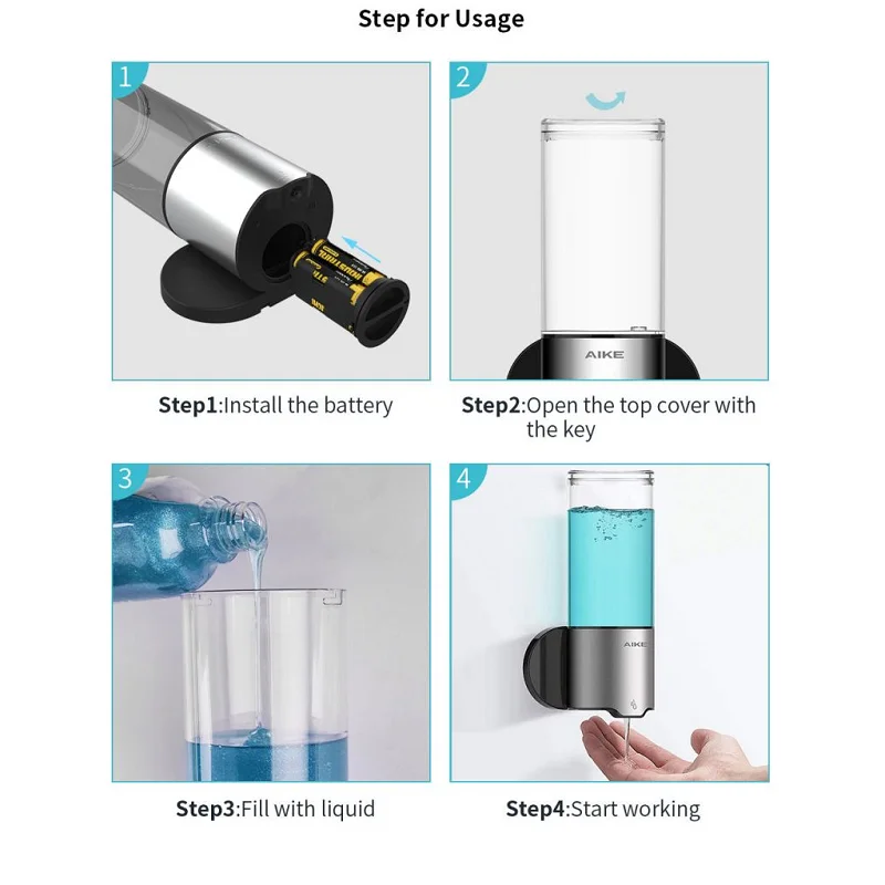 AIKE 전기 욕실 벽걸이 샤워 젤 비누 디펜서, 주방 세제용 자동 센서 디펜서, 블랙, 화이트, 실버