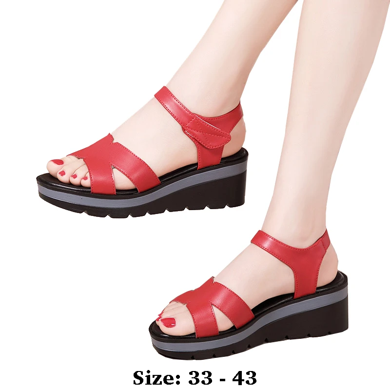 

high quality leather wedge sandals for women 6cm mid heel summer 2025 33 34 43 platform open toe fashion elegant shoe white red