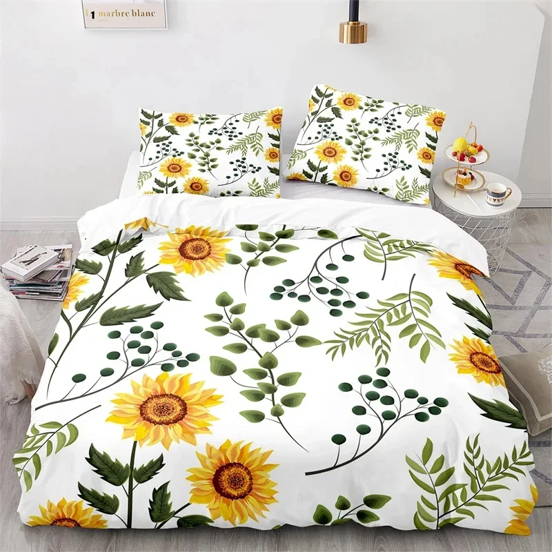 

Sunflower Duvet Cover Botanical Floral Leaves Comforter Cover Twin King Size For Girl Women Microfiber Yellow Flower Bedding Set