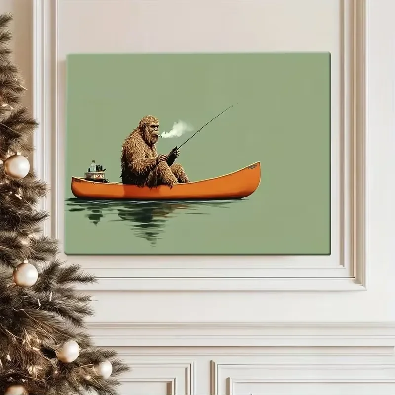 Multiple sizes 1pc frameless Canvas Painting,Bigfoot Leisurely Fishing From A Canoe Poster and Prints Canvas Painting Wall Art P