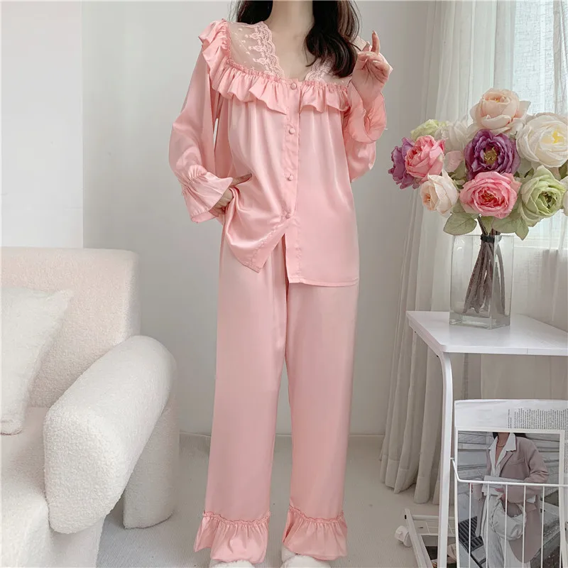 Women Girl Lace Ice Silk Pajamas 26 Spring Autumn Homewear Sexy Elegant Long-sleeve Pants Thin Homewear Sleepwear Loungewear