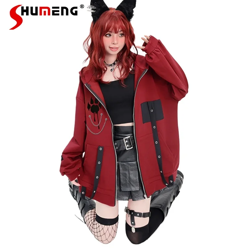 

Japanese Autumn Winter New Long-sleeved Jacket Zipper Cardigan Loose Sweet Cool Y2K Sweatshirts Hooded Red Color Aesthetic Top