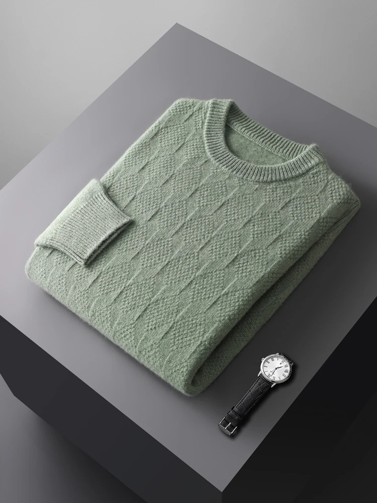 Men's 100% Merino Wool Knitted Jacquard Pullover Sweater Autumn Winter O-neck Casual  Clothing Solid Color Long Sleeve Warm Tops