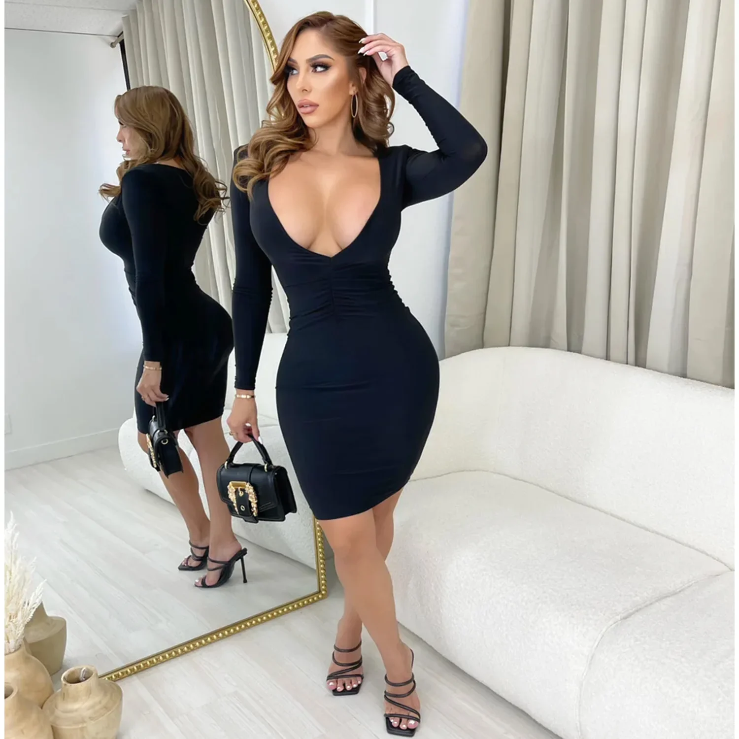 Z2202 Cross-Border New Women's Dress Sexy Tight-fitting V-neck Long Sleeve Solid Color Dress Medium Skirt Amazon Europe Worn