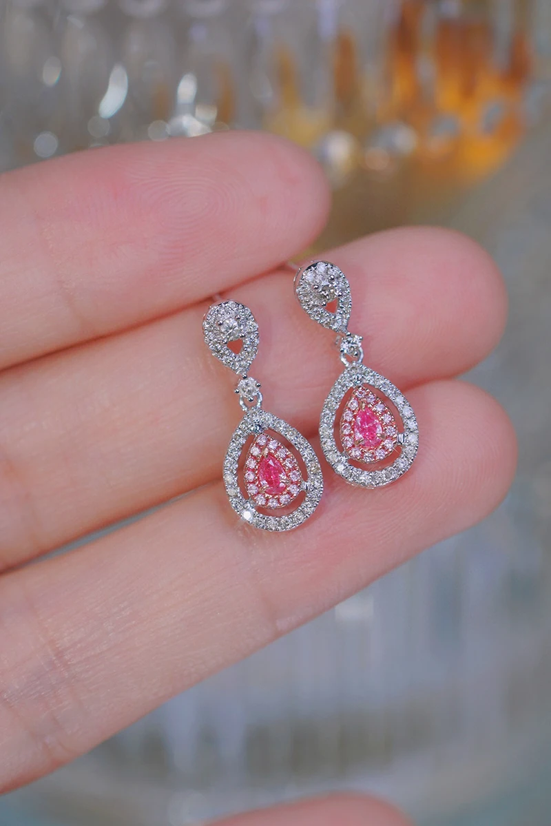 KUGG 18K White Gold Earrings Shiny 0.60carat Real Natural Pink Daimond Drop Earrings for Women Gentle Style High Wedding Jewelry