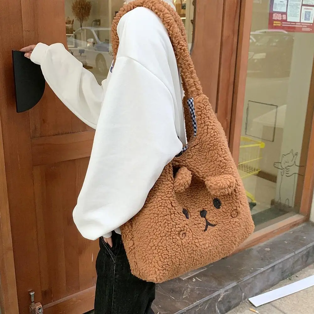 School Bag Cartoon Embroidery New Winter Soft Plush Tote Bag Shopper Bag Shoulder Bag For Women Cute B5K9