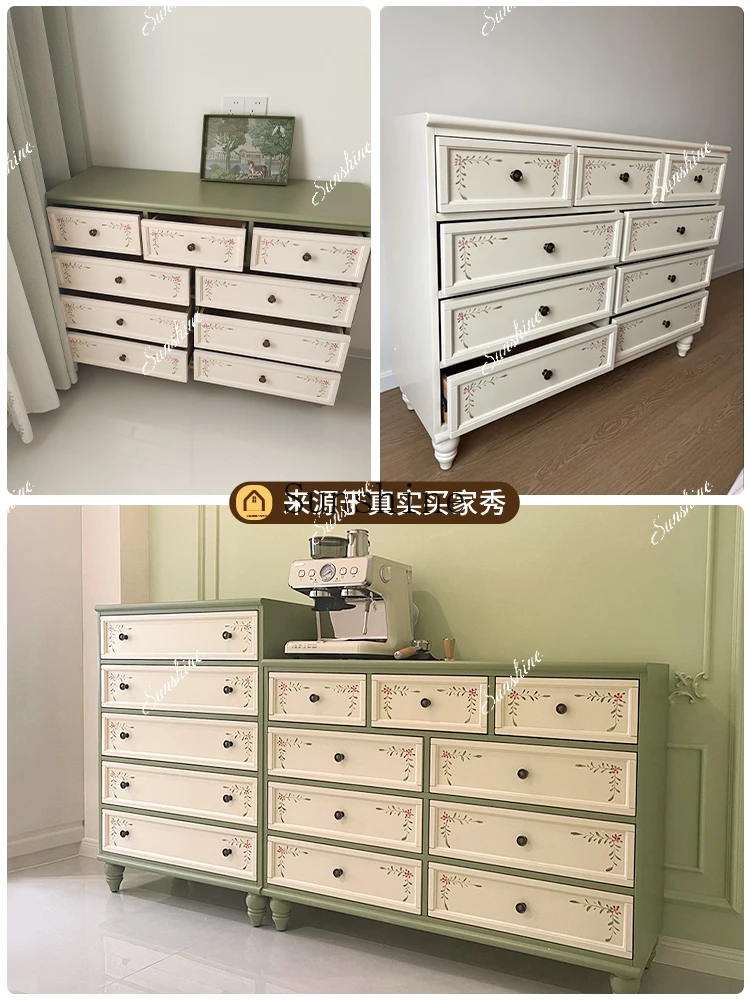 French large-capacity nine-bucket five-bucket combination retro style hand-painted high-value drawer side cabinet bed end  FT