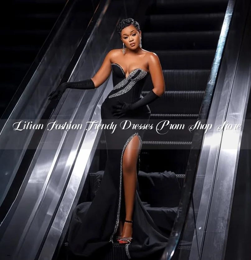 Luxe zwarte schede Afrikaanse avondjurk voor vrouwen sprankelend kristal sexy split met handschoenen op maat vestido femininos