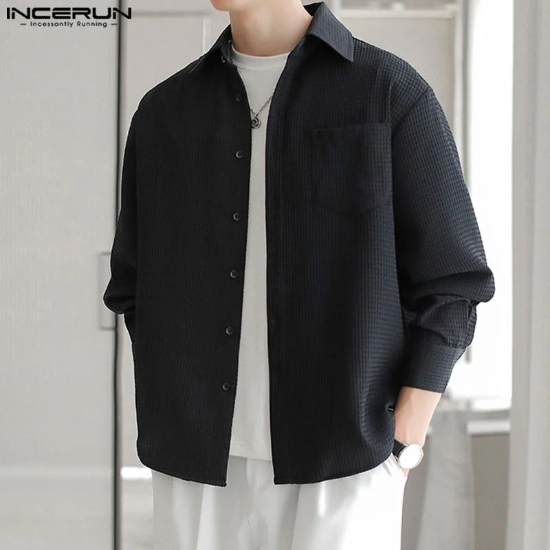 

INCERUN Tops 2024 Handsome New Men's Casual All-match Texture Design Shirts Fashion Well Fitting Solid Long Sleeved Blouse S-5XL