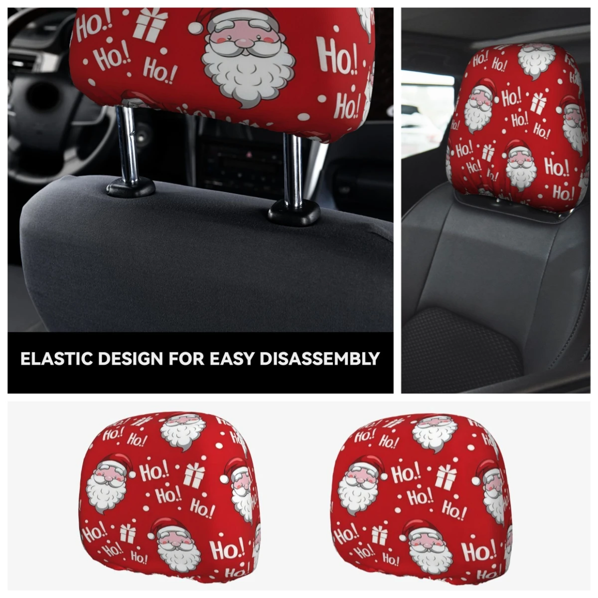 2-piece retractable Christmas holiday decoration car headrest cover with Santa Claus pattern 