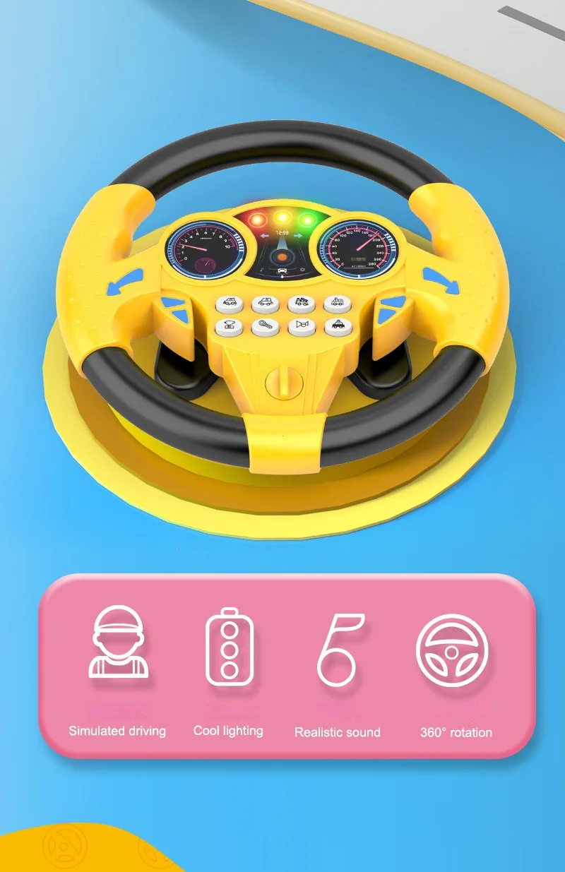 Volant Jouet 360° – Avec Sons Et Lumières, Ventouse, Plastique ABS, 20x19,5x6 Cm, Pour Enfants Dès 3 Ans, Jaune