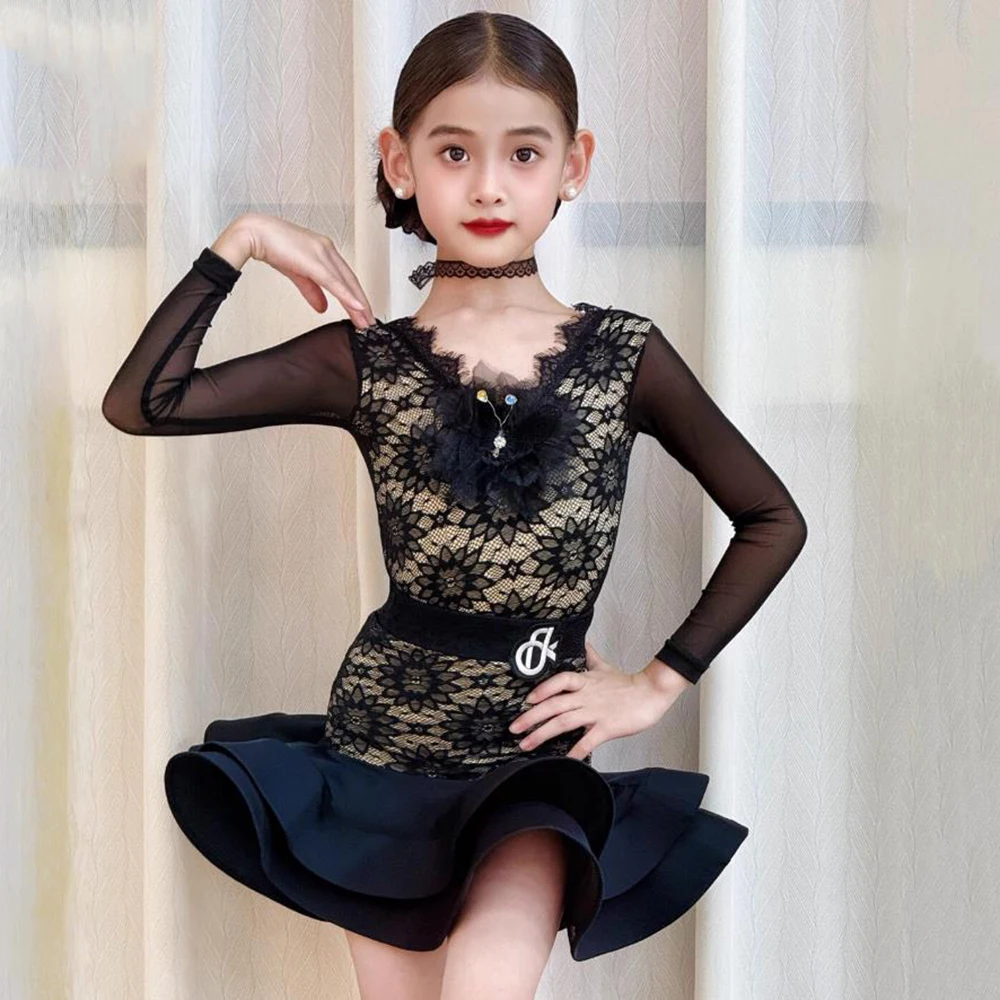 Costume de danse latine pour enfants filles, body en maille et dentelle à manches longues et jupes en arête de poisson, ensemble d'entraînement de nouveau Style, 2025