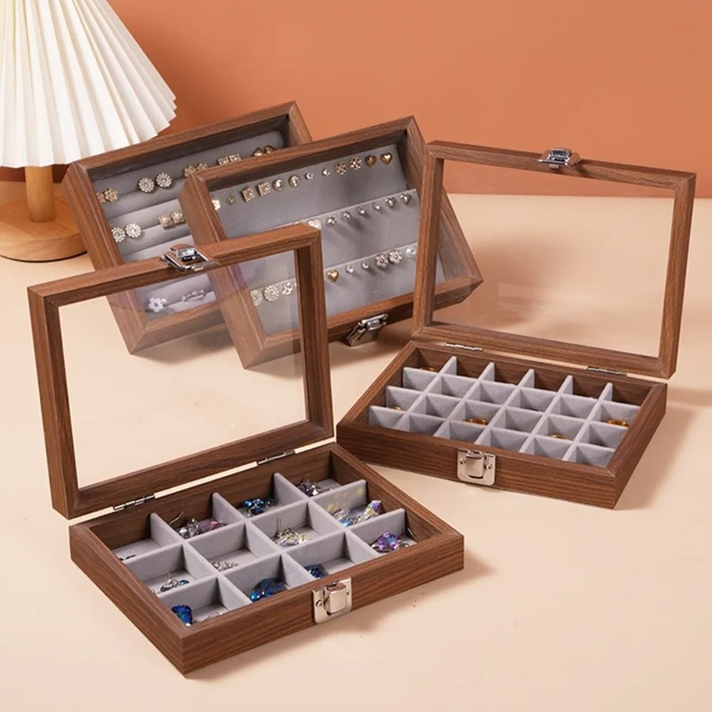 Walnut color Jewelry Box Solid Wood with Lid Ring Necklace Storage Box Dustproof Transparent Cover Jewelry Display Box Bracelets