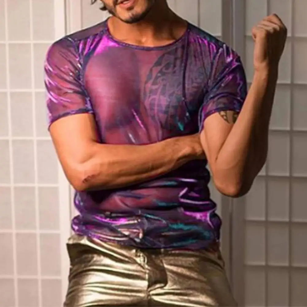 

Men Sexy Mesh See Through T Shirt Glossy Surface Shiny Ultra-thin Mesh Round Neck Short Sleeves Club Dancing Male Charm T-shirt