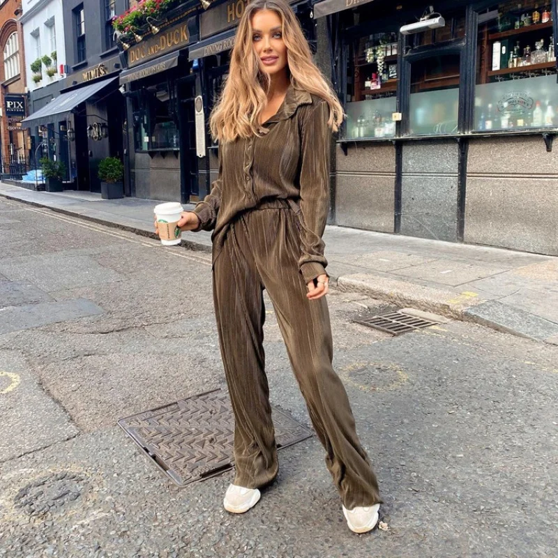 Spring New Pleated Casual Shirt Outfit Long-Sleeved Trousers High Waist Elegant Loose Drooping WomenWlj