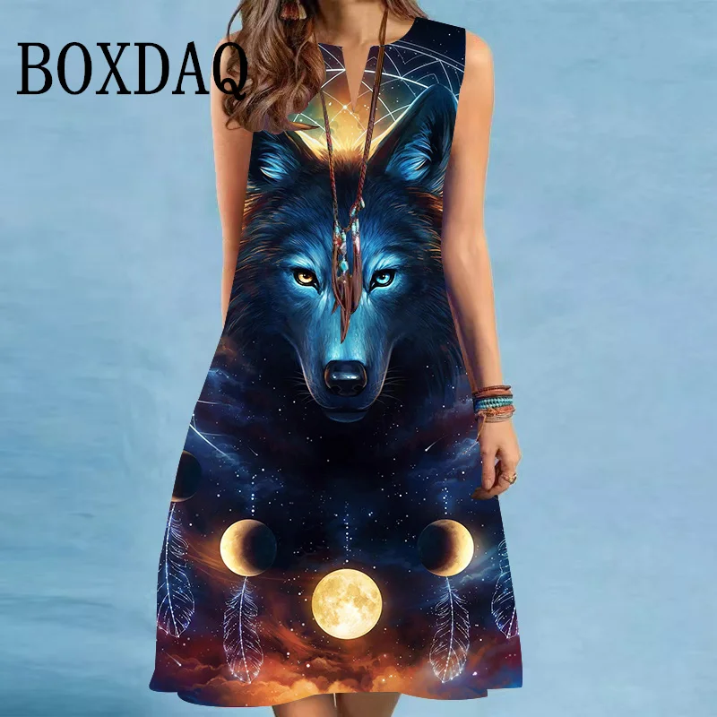 Summer 3D Print Wolf Women Dresses Casual Animal Graphic Loose Dress Personality Hip Hop Print Sleeveless A-Line Dresses Vestido