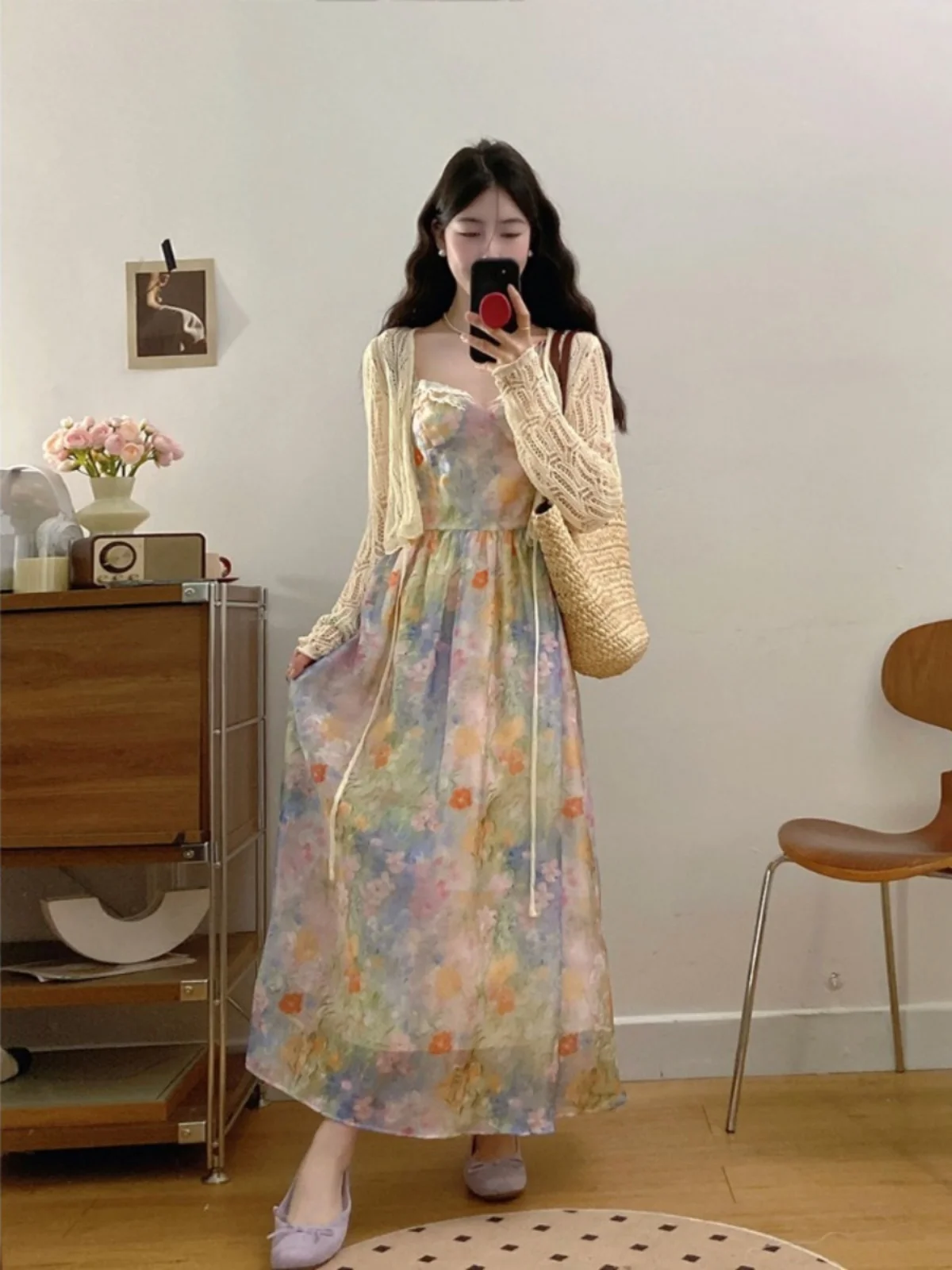 

plus Size Women's Tie Dye Floral ter Dr A-Line Midi Skirt Spring New Sle Waist Cinching Korean Sle Long Sve Dr