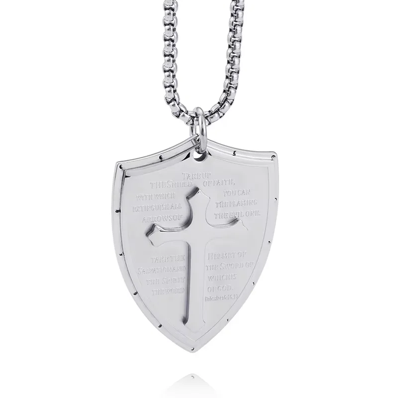 Fongten Knight Cross Shield Shaped Stainless Steel Male Pendant Necklace Trendy Men's Hip Hop Chain Fashion Jewelry Party Gifts