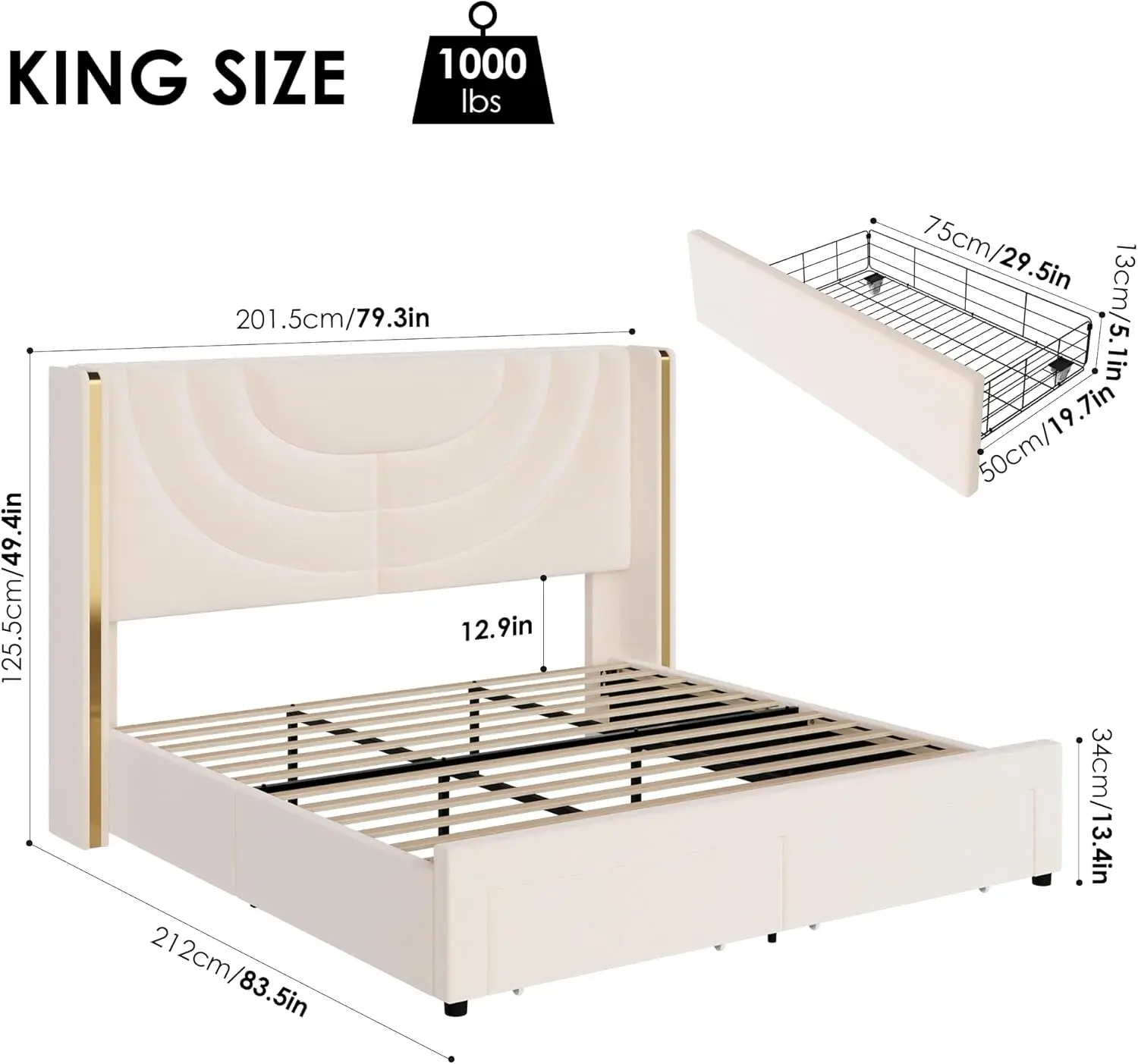 King Upholstered LED Bed Frame with 2 Storage Drawers, Velvet Platform Bed with Wingback Headboard, Solid Wooden Slats Support,