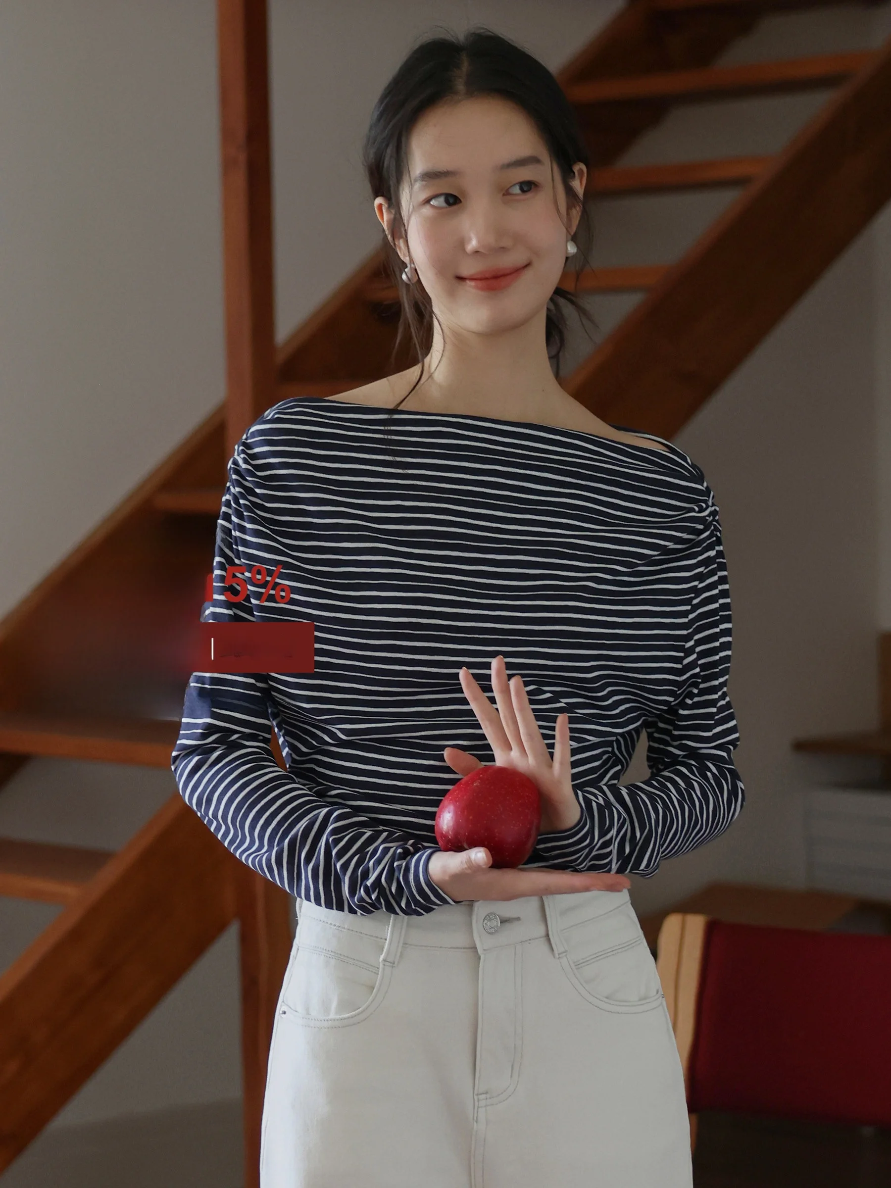 MUNNS Women's Slim Fit Striped T-Shirt Casual Long Sleeve Gathered Shoulder Casual Style Polyester Blend Sweat Wicking