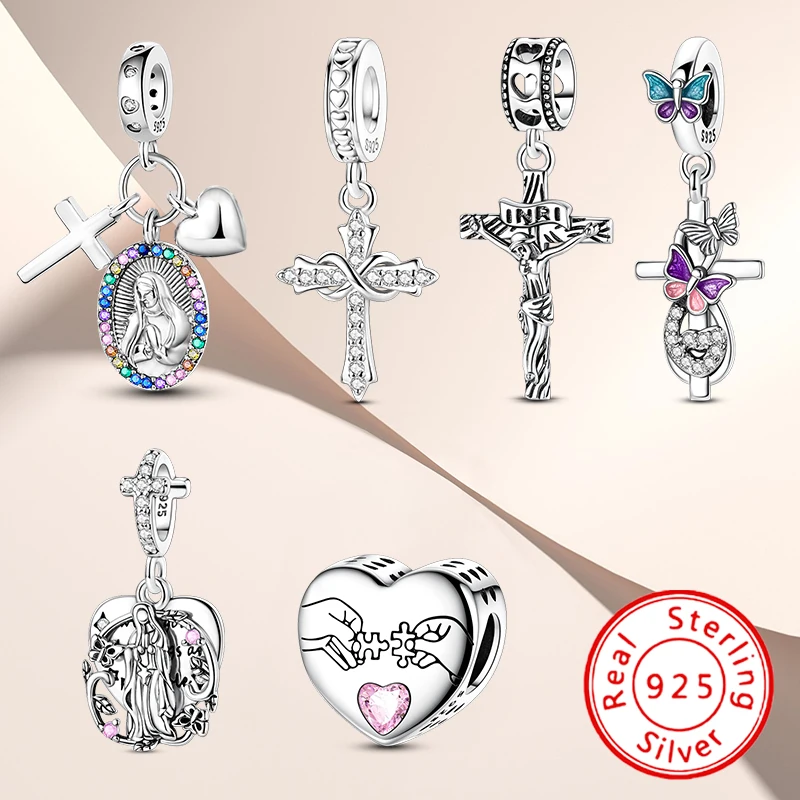 

Original 925 sterling silver cross and Virgin Mary bead pendant suitable for DIY bracelet charms, women's jewelry gifts