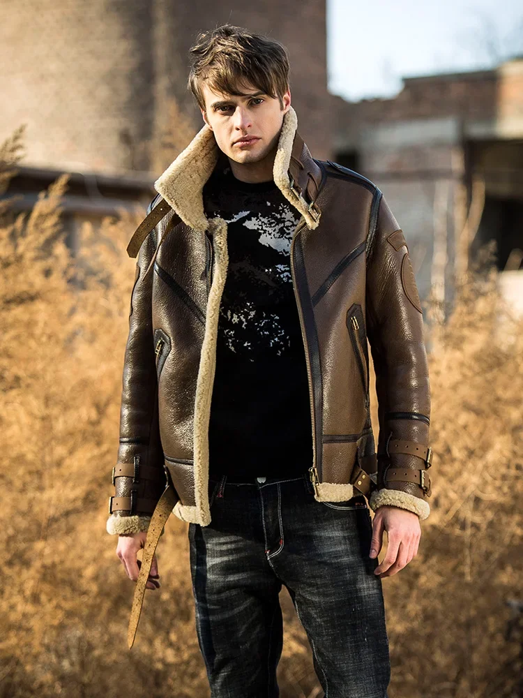 Veste d'hiver en cuir véritable pour homme, manteau authentique en fourrure de mouton naturelle, costume de vol B3, manteaux de moto en peau de mouton, Veste FC