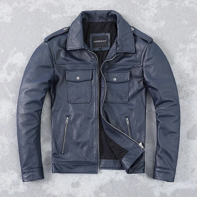 Shop best.2025 new fashion cheap blue cowhide jacket.men short slim genuine leather coat.father casual cloth