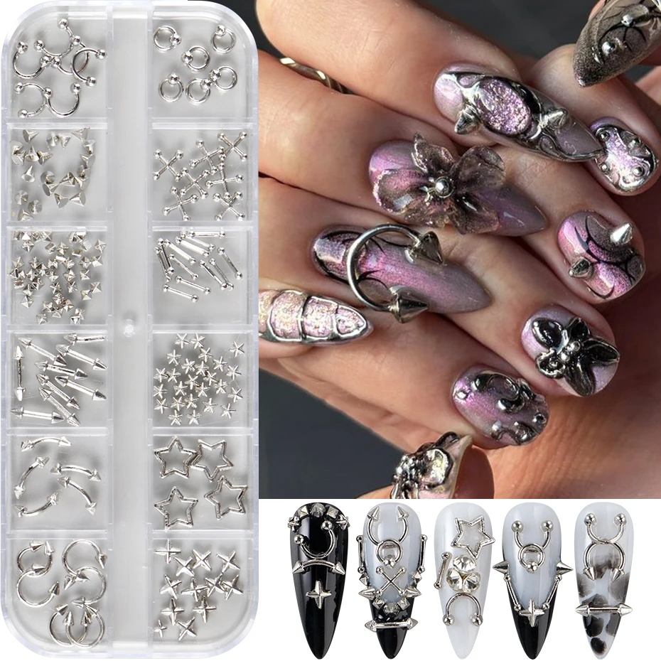 12グリッド パンク シルバーゴールド リベットスタイル ネイルチャーム Y2K メタルゴールド ピアスリベット ソリッドネイルアートデコレーション DIYネイル用品