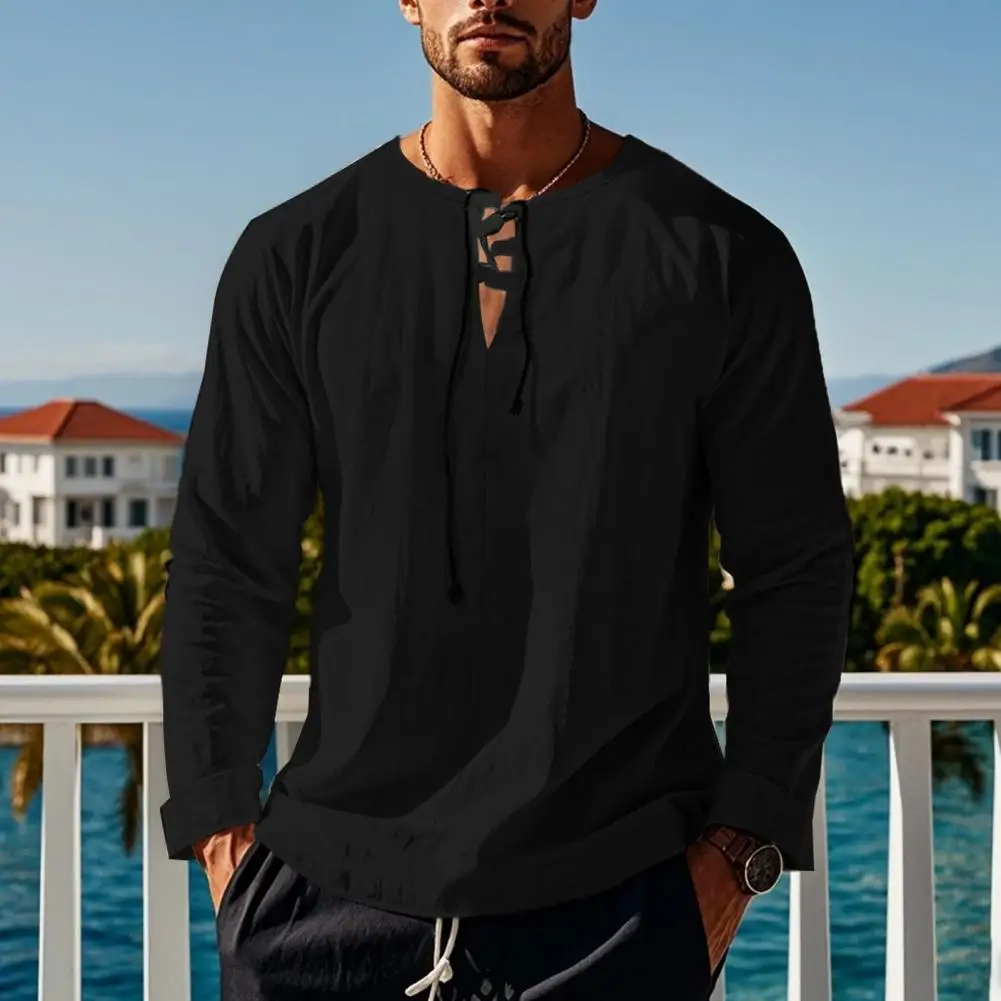 Men's Cotton V-Neck Shirt Long Sleeve Loose Fit T-shirt Solid Color Summer Casual Top for Daily Wear Street Party Beach