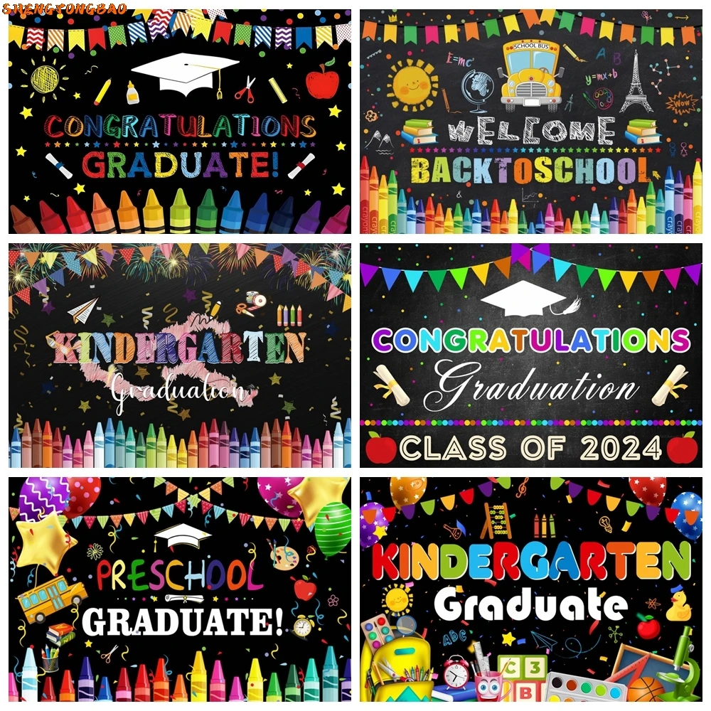 Kindergarten Graduation Photography Backdrop for Kids Preschool School Class of 2024 Congrats Grad Congratulations Background