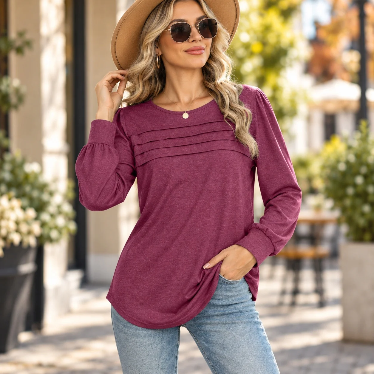 Pleated Round Neck Top H Line Casual with Long Sleeve Princess Sleeve Autumn Mid Length Streetwear Pullover T Shirts for Women