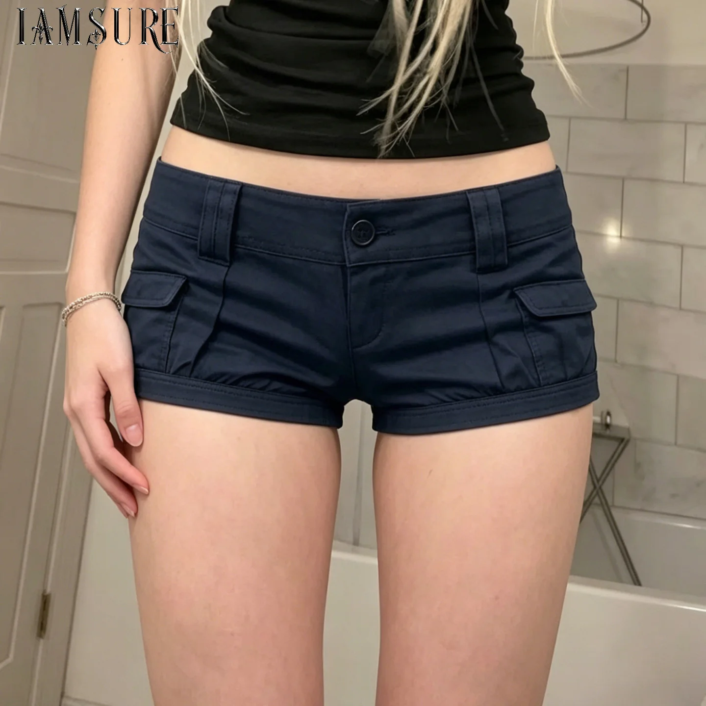 Women’s Low Rise Navy Cargo Denim Shorts Y2K Streetwear Slim Fit Fold Hem Button Pocket Hot Shorts Casual Clubwear Summer Shorts