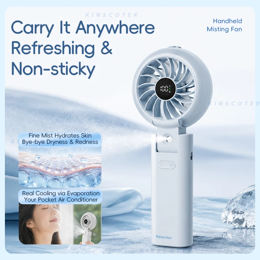 New Handheld Misting Fan 3600mAh Rechargeable Fan 100 Speed Adjustable Foldable Cooling Fan with LED Digital Display & Lanyard