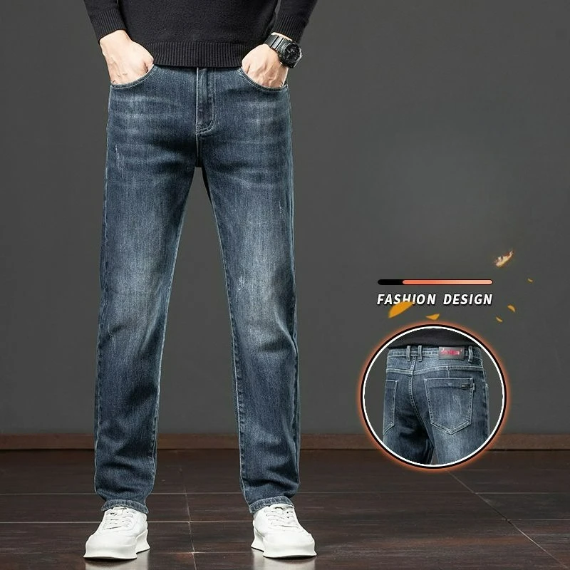 الرجال مستقيم فضفاض صالح جينز سترتش 2025 الخريف الشتاء النمط الكلاسيكي الأعمال عادية الشباب سميكة الدينيم الجينز تنوعا