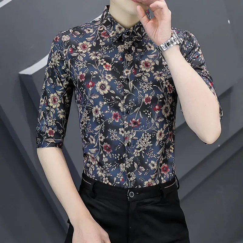 Men's Premium Ice Silk Short Sleeve Shirt Summer Slim Fit Floral Casual Button Down Shirts 5 Sleeve Breathable Blouse