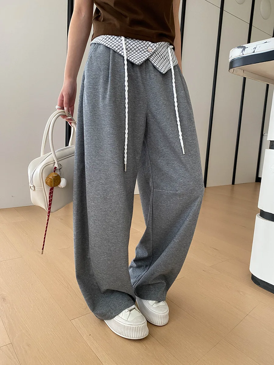 Frühlings- und Sommerhosen für Damen, lässig, einfarbig, abnehmbarer karierter Bund, elastische hohe Taille, schlank machende, weit geschnittene Hose mit geschwungenem Saum. – Detail 15