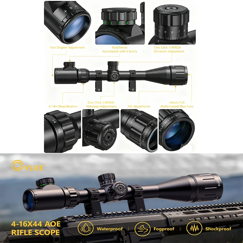 

CVLIFE 4-16x44 AO Rifle Scope Red and Green Illuminated Riflescope Mil-Dot Reticle Optics Sights for 20mm Picatinny Rail Aluminu