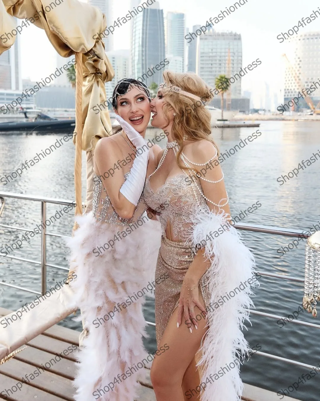 Charming Feathered Pageant Dress Sexy High Slit Lacce Sequined Long Prom Party Dresses Luxury Crystals Evening Party Gowns