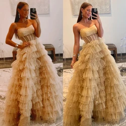 Customized  Exquisite Strapless Ball Gown Floor Length  Dresses Formal Ocassion Layered Tulle Robe Pour Cérémonie De Mariage