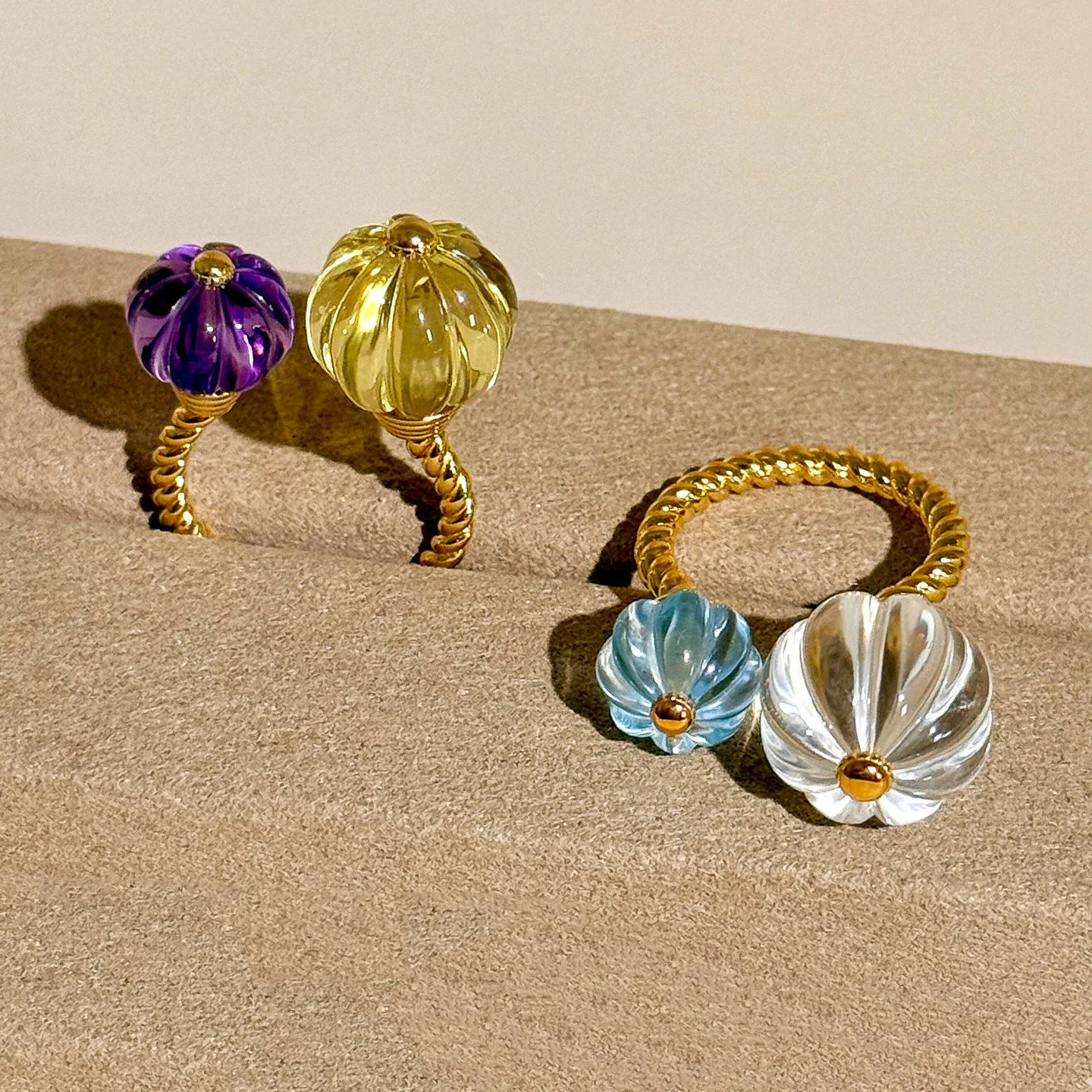 2026 Fashion Trendy Crystal Pumpkin Shape Cocktail Open Rings for Ladies Blue Topaz Amethyst Citrine  Pinky Band Beaded Jewelry