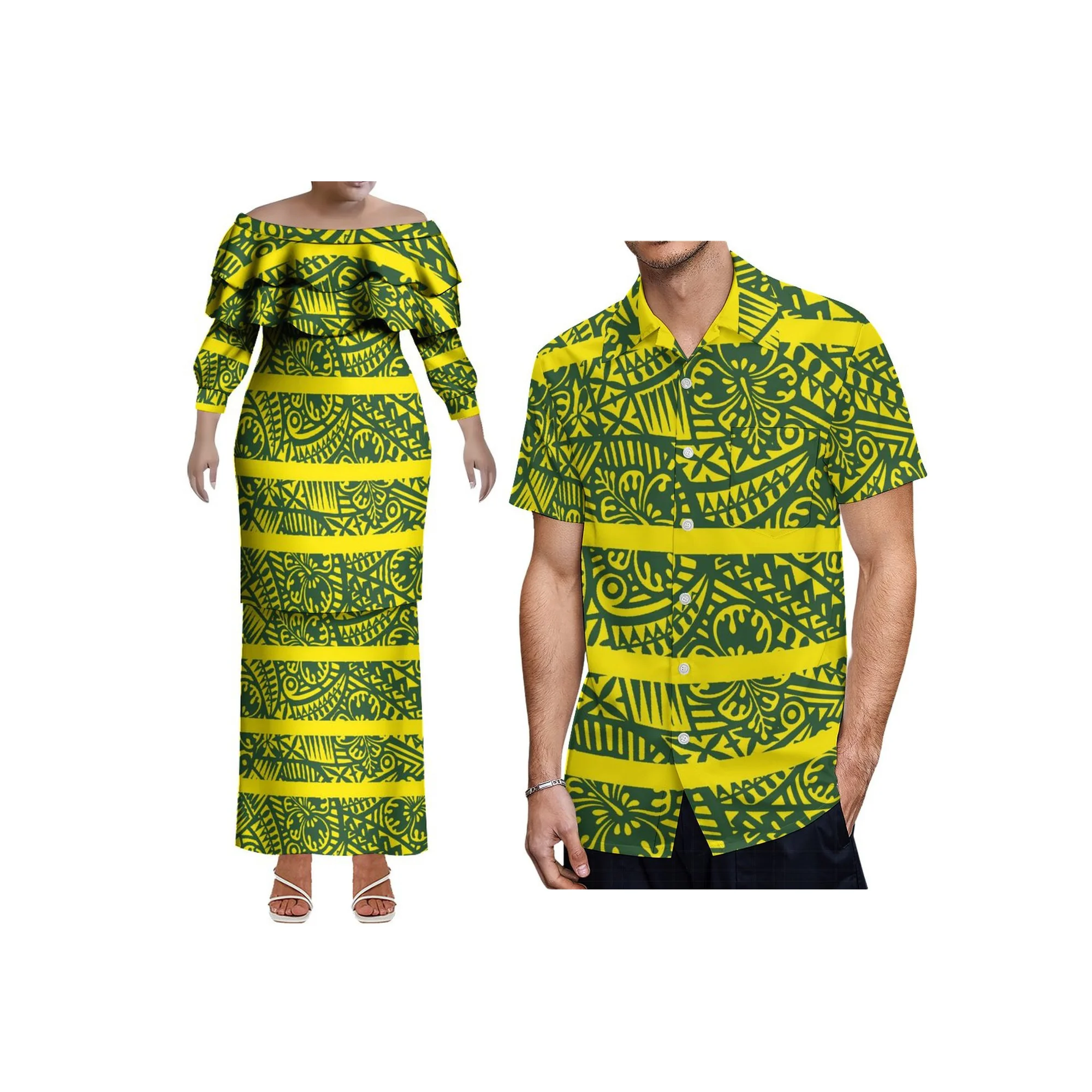 Alta qualidade personalizado tamanho grande tonga puletasi vestido polyensian impressão feminina fora do ombro vestido duplo em camadas plissado 2 peças