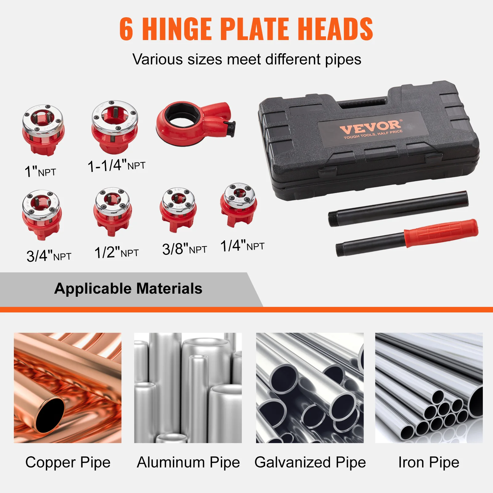 VEVOR Manual Pipe Threader Ratchet Tool Portable Pipe Threading Set with 6PCS NPT Dies for Galvanized Aluminum Iron Copper Pipes